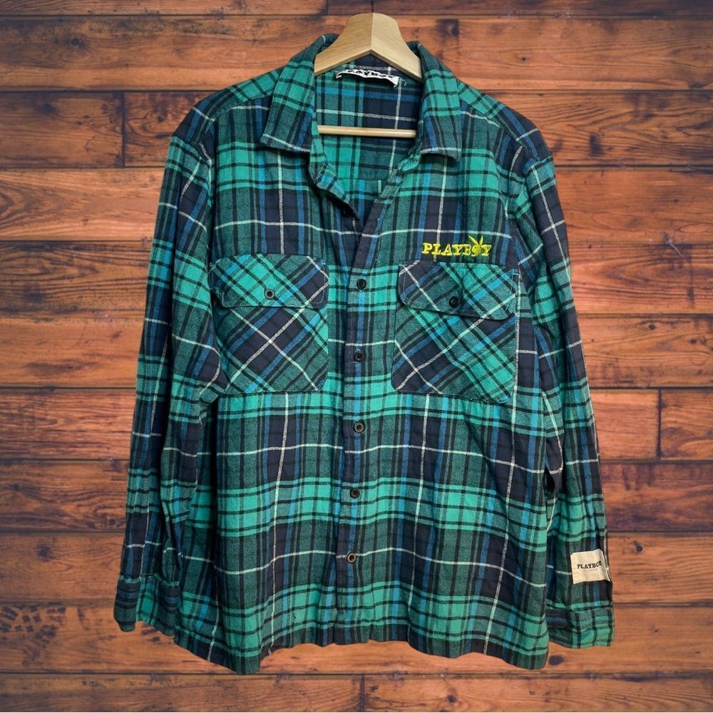 Playboy by Pacsun Fleece Teal Plaid Button Front Shirt Large